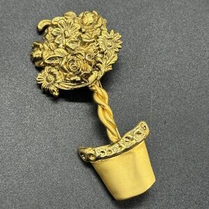 Vintage Signed Large Flower Pot Brooch Pin Gold Tone Textured 3”
